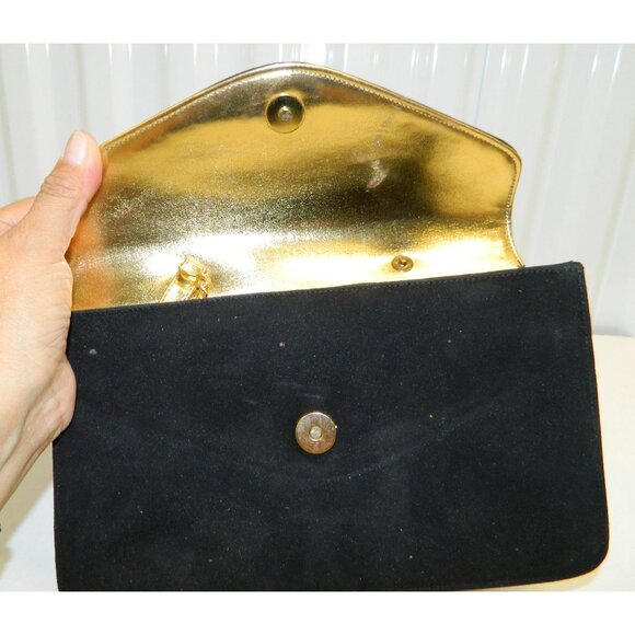 Vtg Costablanca Black Suede Envelope Clutch Gold Chain Strap Tiger Stripe Button - Picture 9 of 14
